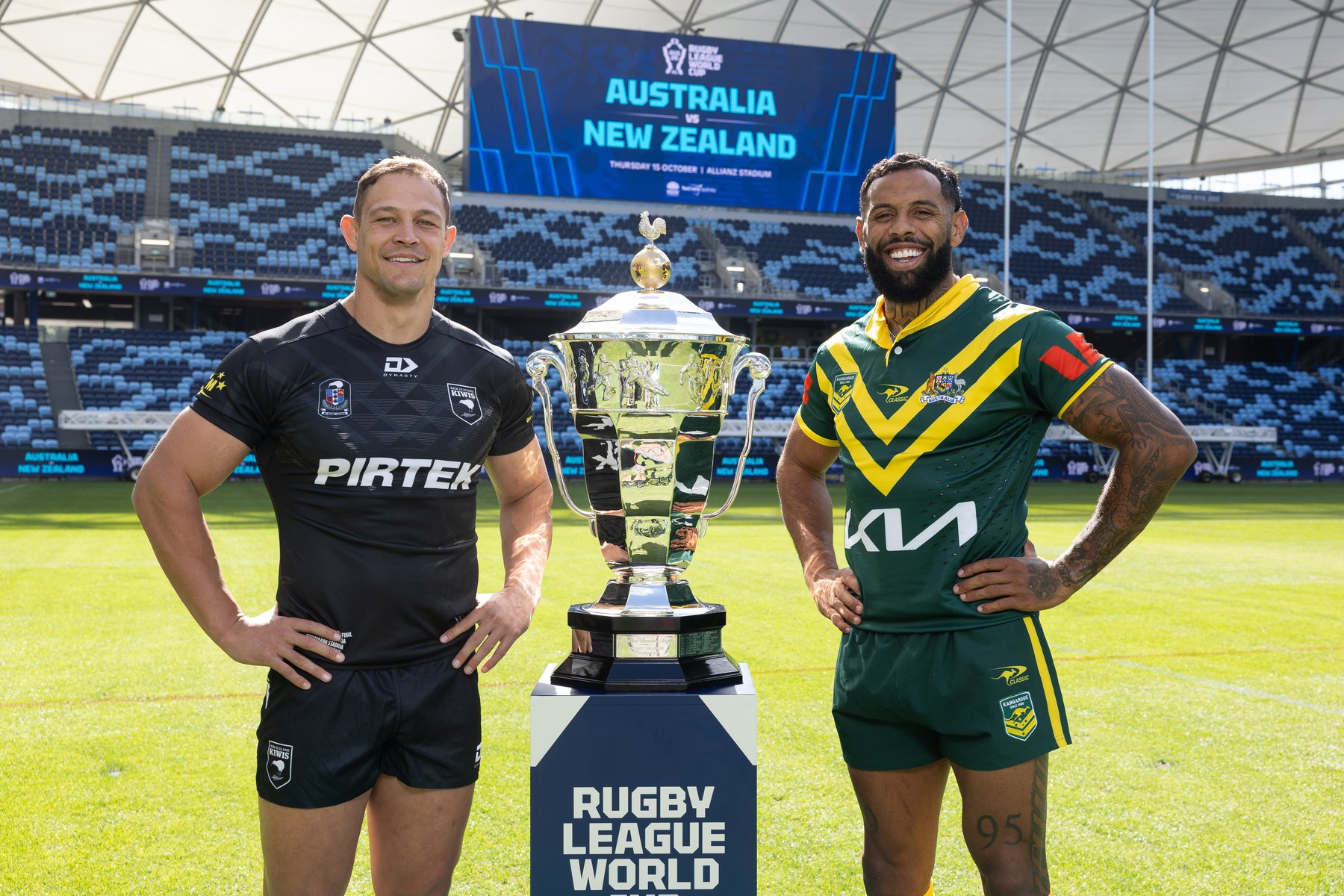 Rugby League World Cup captains with the trophy at Allianz Stadium.