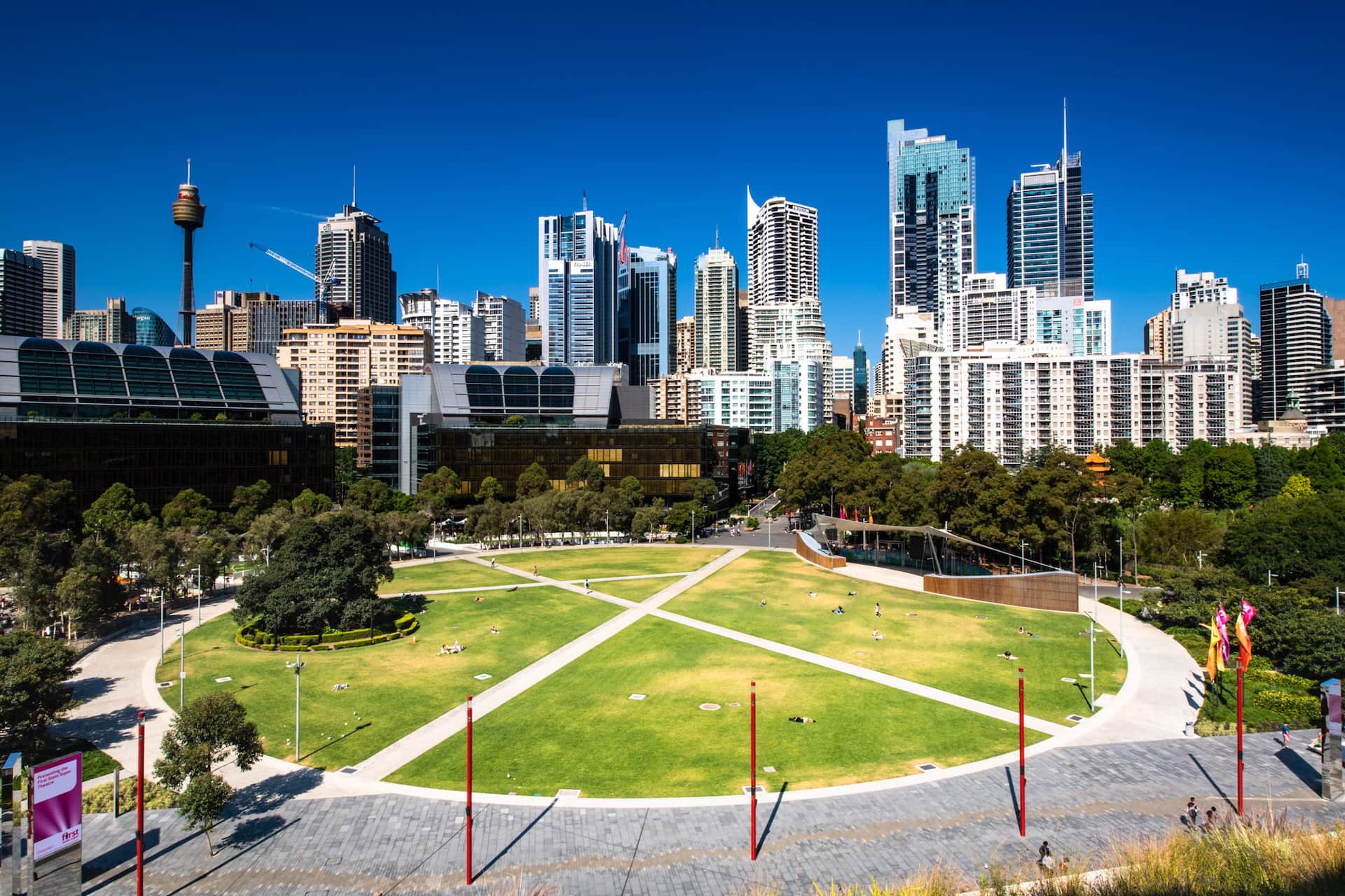 Tumbalong Park and the Darling Harbour skyline on a clear day.