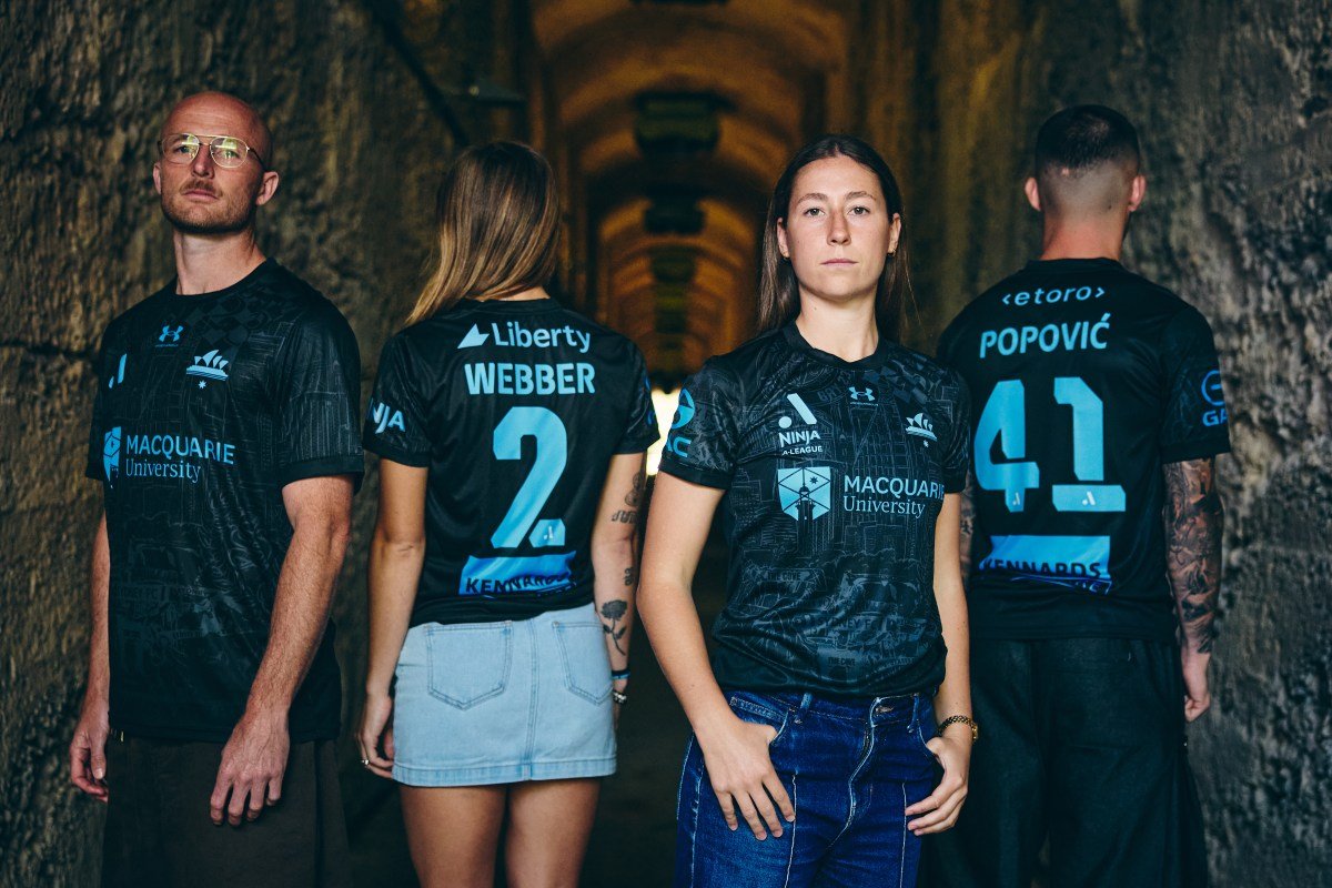 Sydney FC player wearing the black and charcoal The Cove third kit.