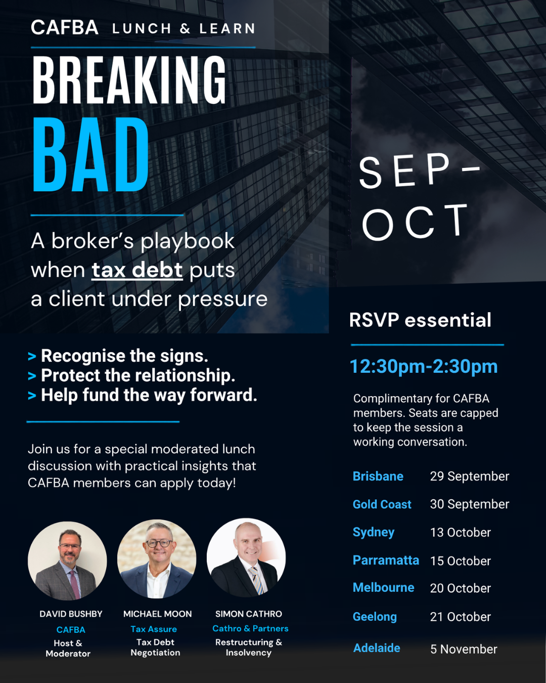 CAFBA Lunch and Learn event artwork for a Sydney tax-debt broker session.