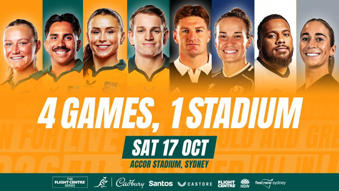 Rugby players promoting the four-match international rugby program at Accor Stadium.