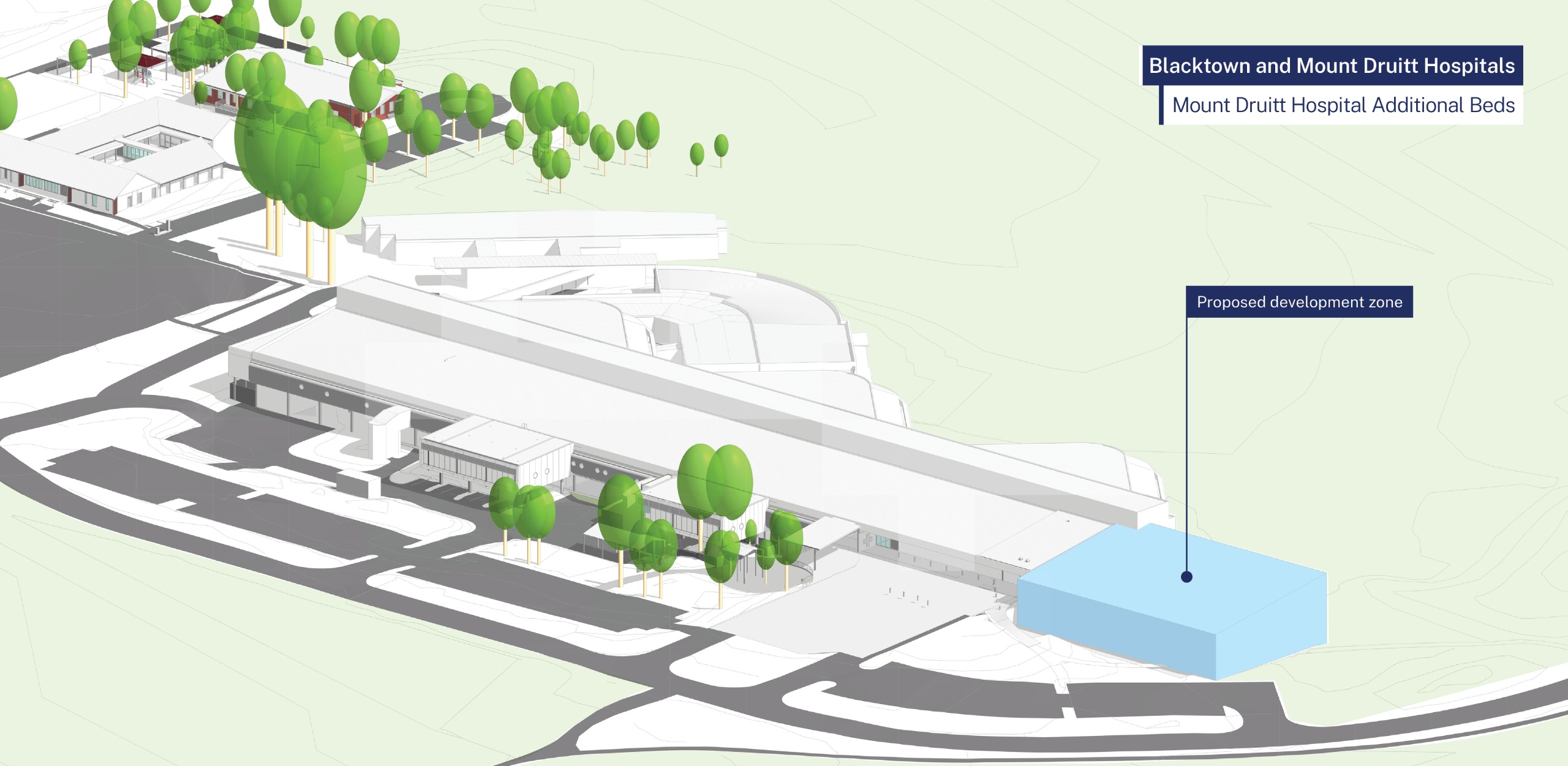 Official Mount Druitt Hospital additional-beds proposal rendering, showing the planned development zone.