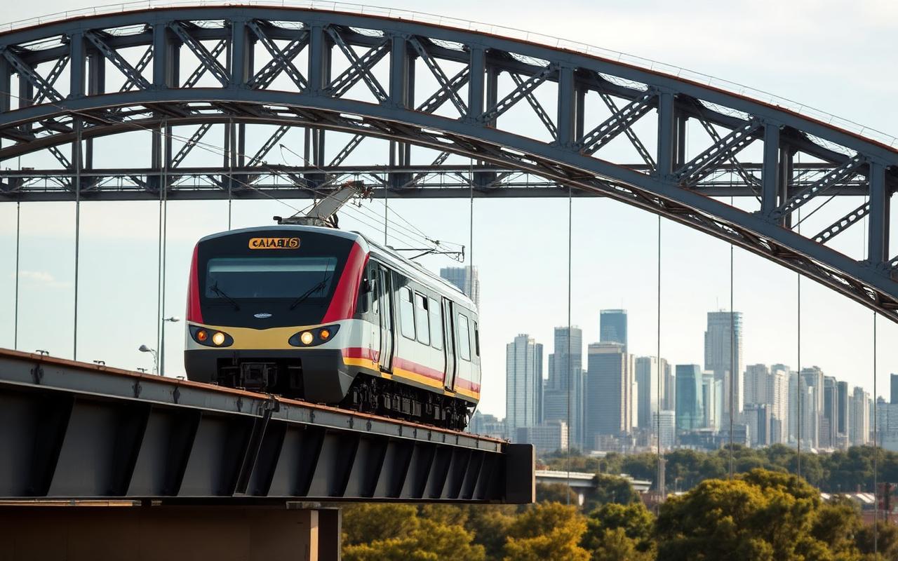 A Sydney train crossing a bridge with city skyline behind