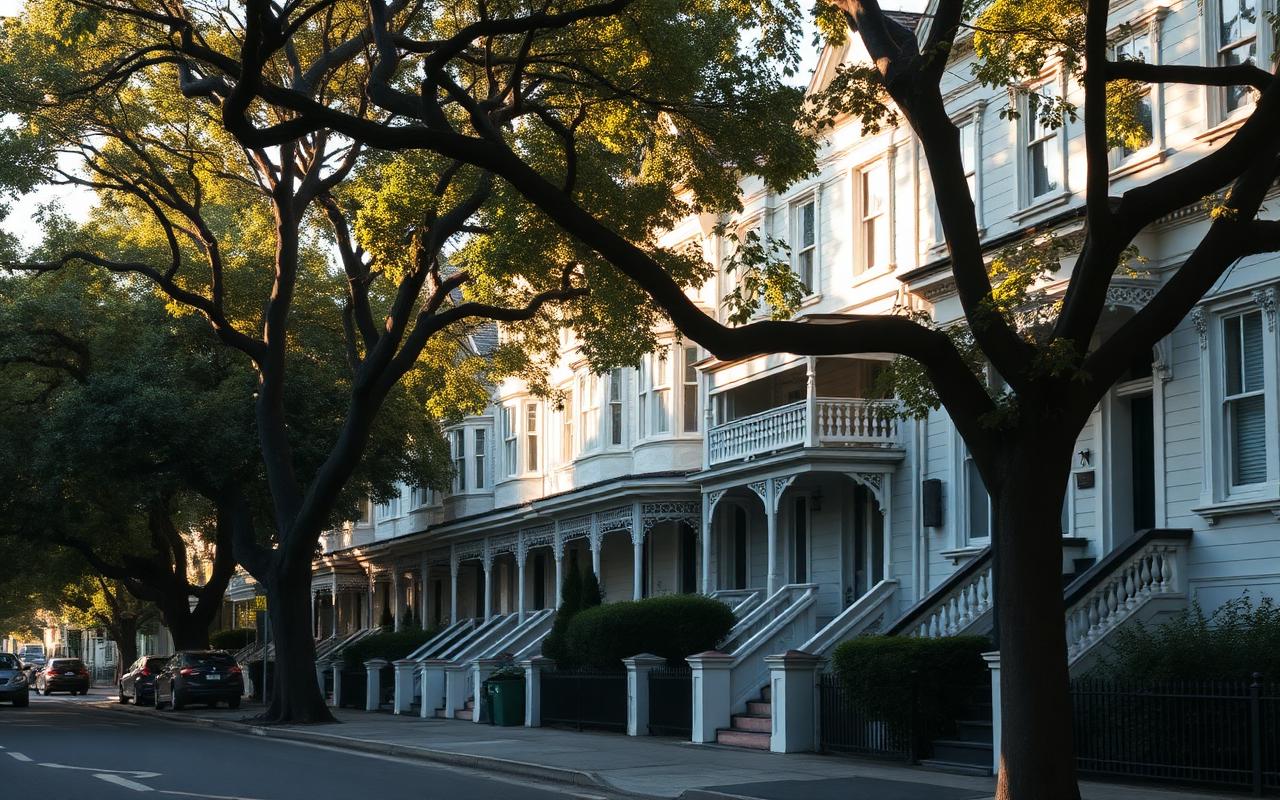 Row of Sydney terrace houses on a leafy street