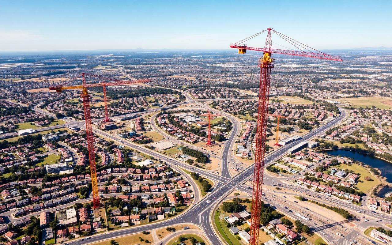 Construction cranes over a Western Sydney growth area