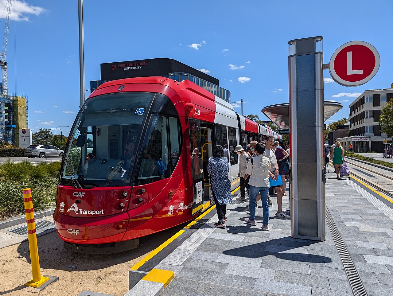 A Parramatta Light Rail tram at Westmead station on the L4 Westmead and Carlingford line.