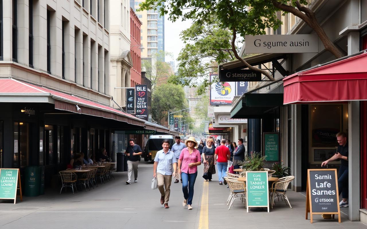 A bustling Inner West high street with shopfronts and pedestrians