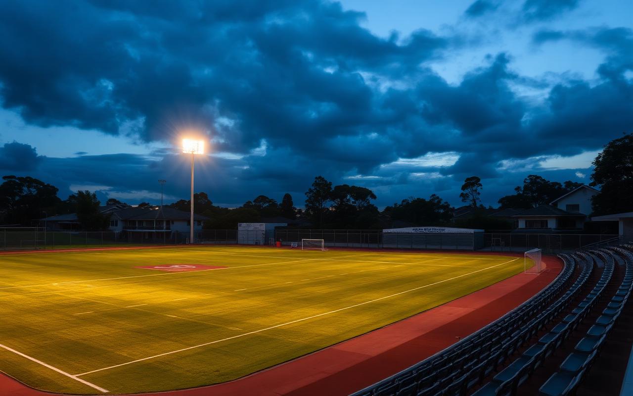Suburban community sports field with floodlights