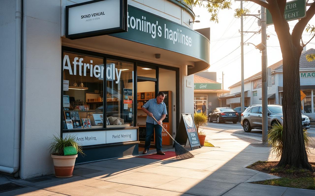 A suburban shopfront with a small business owner outside