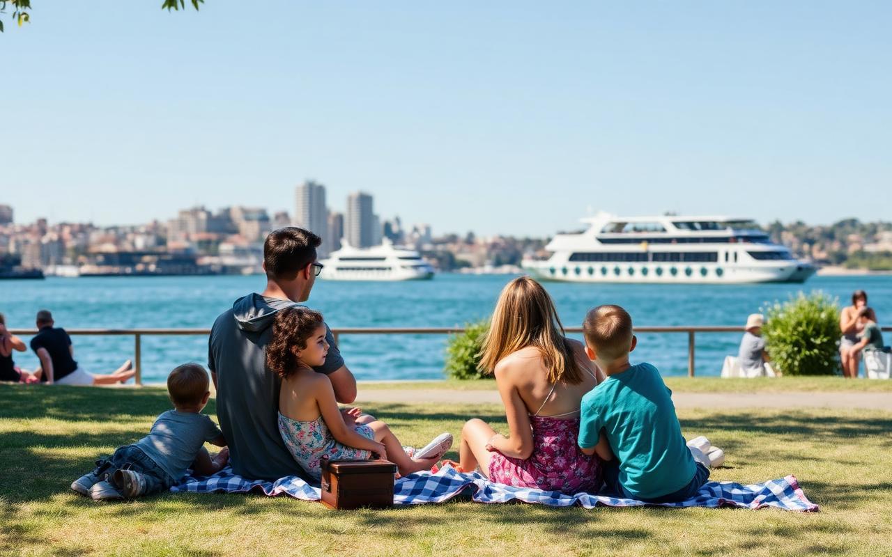Families enjoying a sunny day at a Sydney harbour park