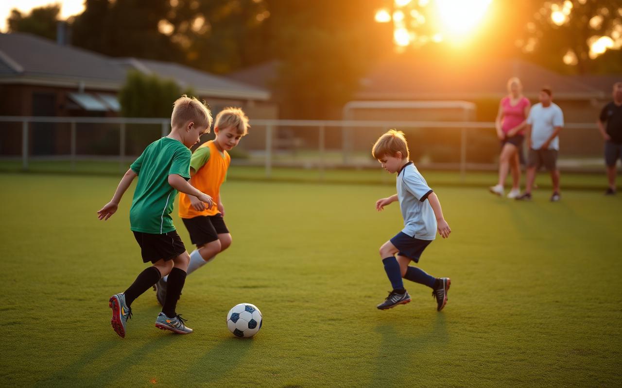 Junior soccer players on a suburban field at golden hour