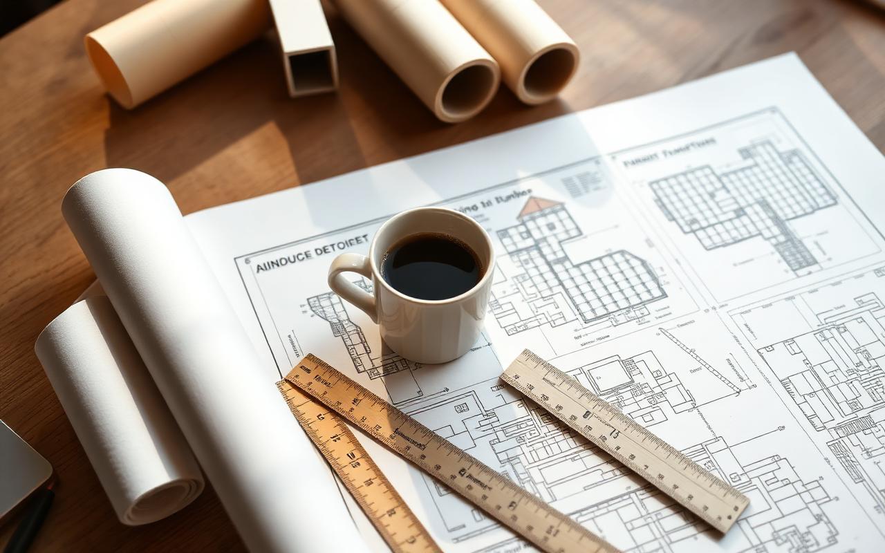 Architectural plans on a desk with a coffee cup