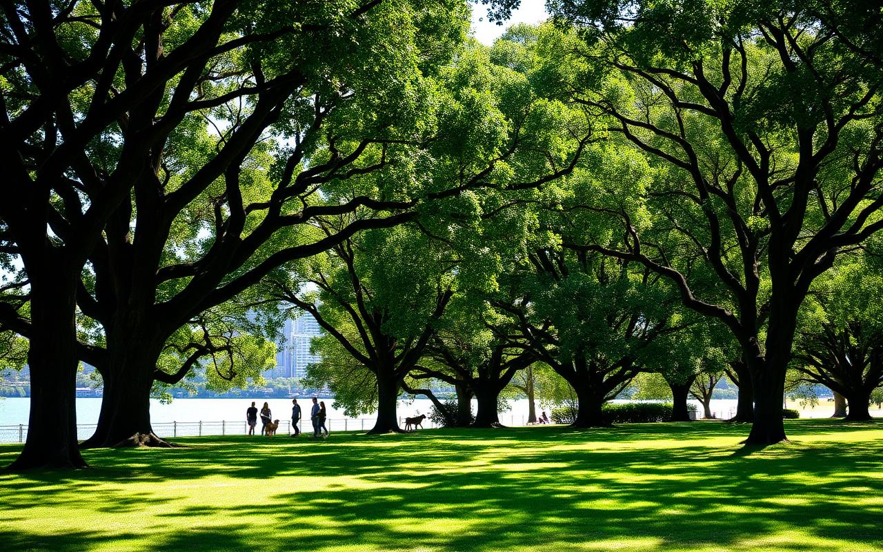 Families walking through a green Sydney park near the water